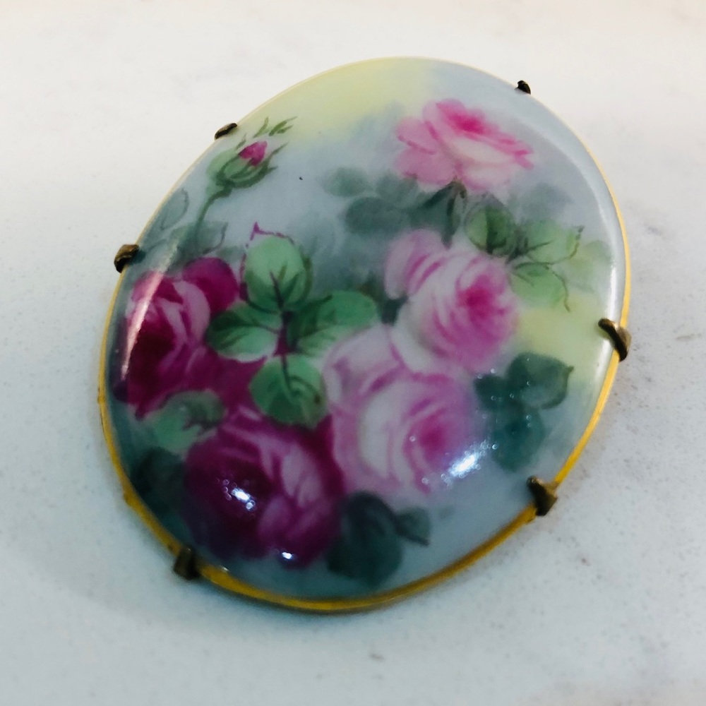 Antique Hand Painted Porcelain Rose C Clasp Pin